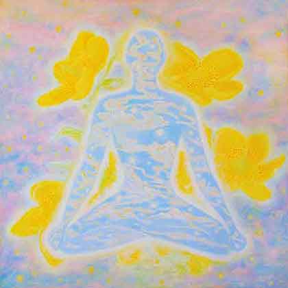 Lord Buddha, sitting among  yellow flowers; landscapes, skies and stars inside his silhouette; bright clear colors