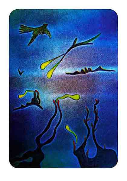 Print-Painting by Wiesław Sadurski: Bird and Plant-Like Shapes in Blue Multilayered Colors