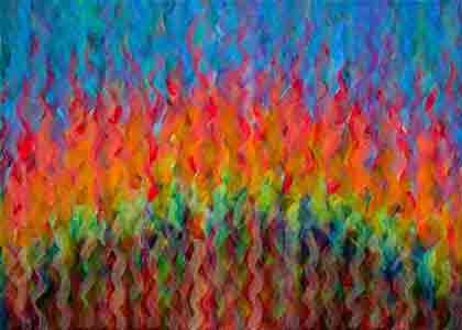 Flame Horizon is red, earth brownish, sky blue; oil painting, one-wave vertical brushwork by Wiesław Sadurski