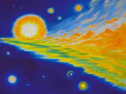 Manitou Arrow made of yellow-orange landscape, flying in a stellar starry space; Oil 1993 Wiesław Sadurski